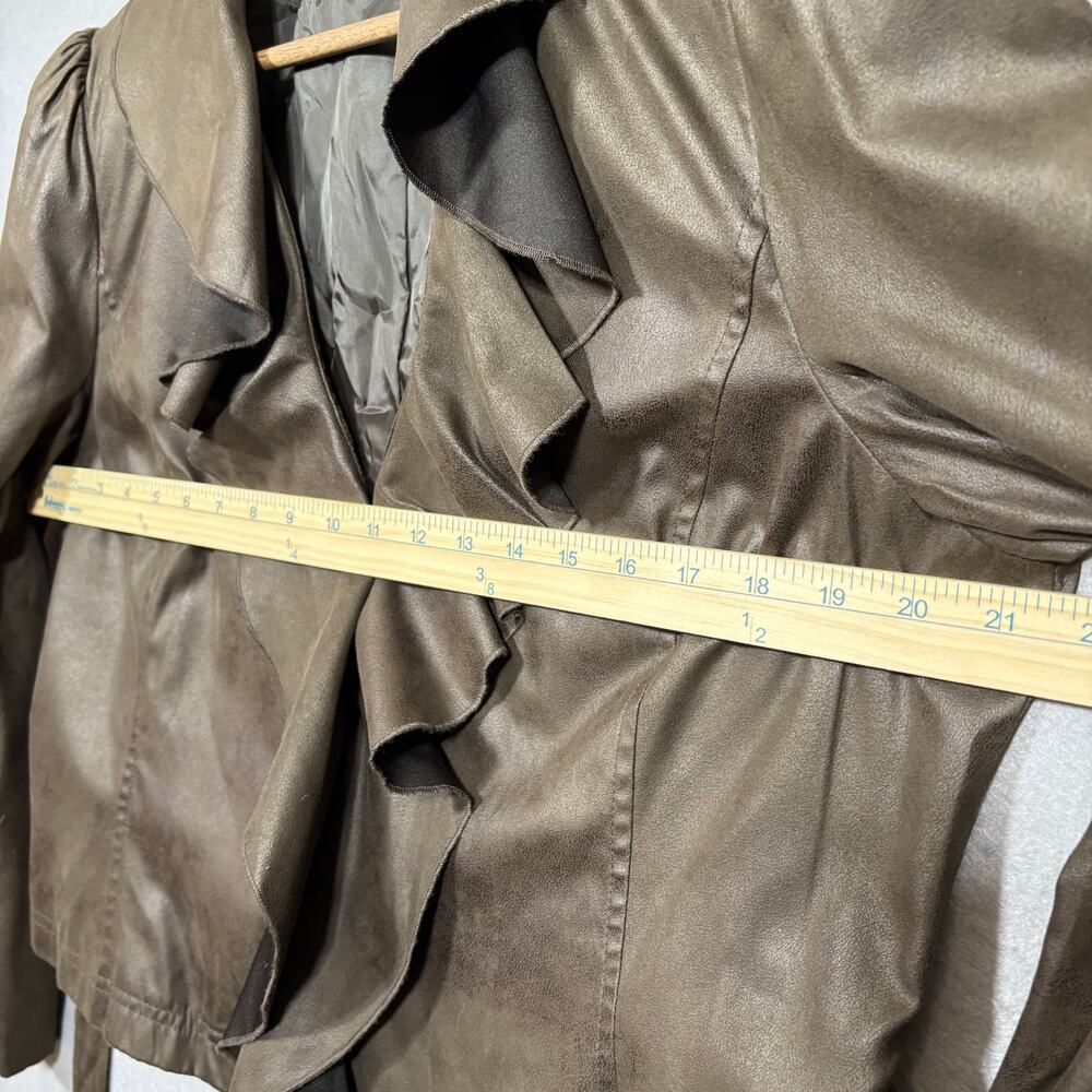 Worthington Women's Faux Leather Ruffle Jacket XL Brown Belted Cropped Chic Edgy - Picture 5 of 6